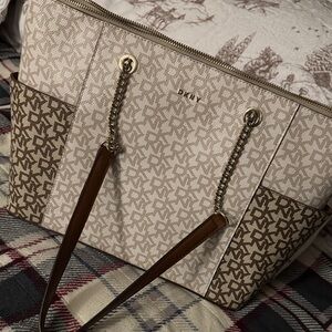 DKNY Beige and Brown Chain Strap Tote